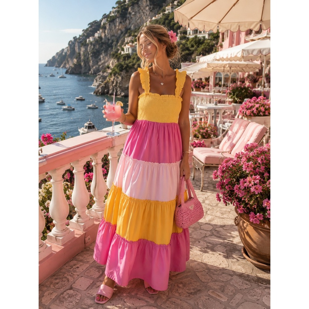 Colorblock Tiered Maxi Dress XL Pink Yellow Cottagecore Resort Vacation Sundress